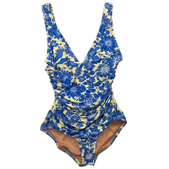 J.CREW Women's Ruched Blue Floral One-Piece Swimsuit In Size 8 - Picture 1 of 5